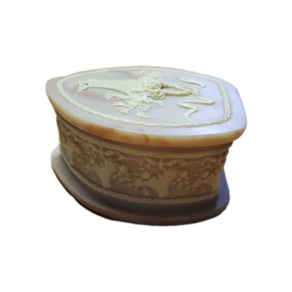 Genuine Incolay Stone Heart Shape Jewelry Trinket Box with Flower Basket Design
